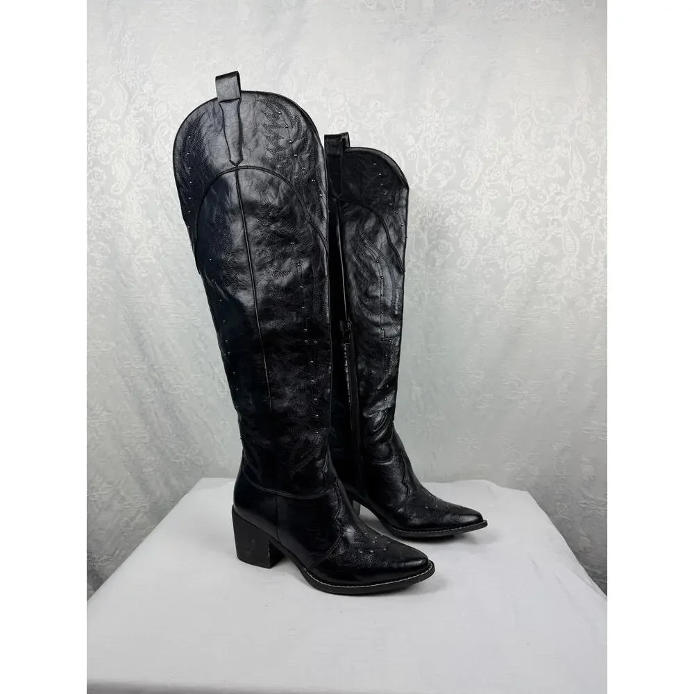 Comfortview Black Embroidered Western Cowboy Boots 10WW Studded